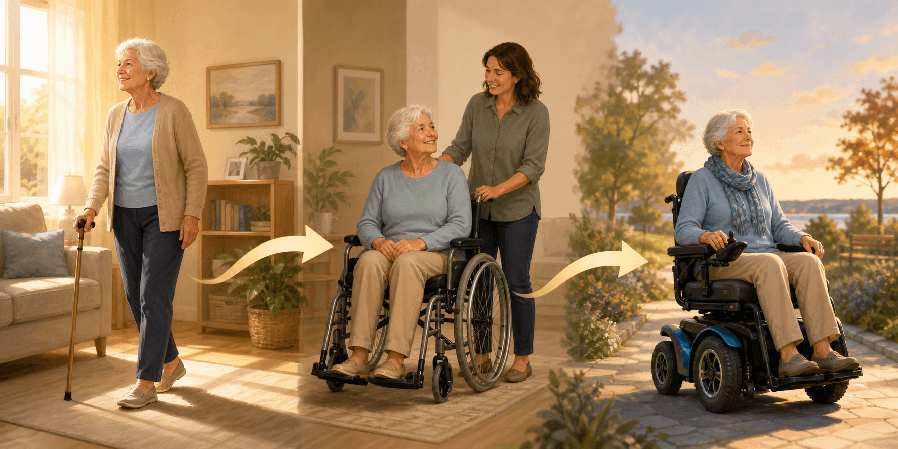 A three-stage progression illustration showing an elderly person using a cane on the left, transitioning to a manual wheelchair with a caregiver in the middle, and navigating confidently in a power wheelchair on the right. Soft arrows connect the stages against a background shifting from warm morning to afternoon tones, conveying natural progression over time.