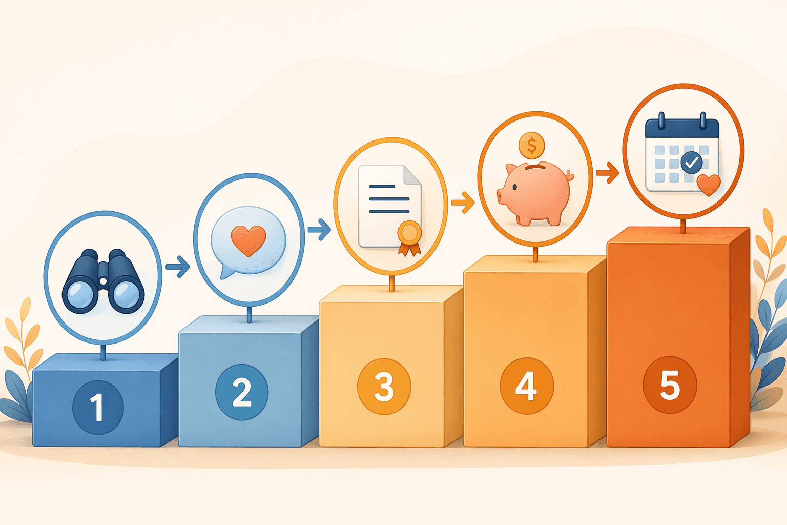 A five-step sequential illustration with icons: magnifying glass, speech bubble with heart, document with seal, coin icon, and calendar with checkmark, connected by arrows.
