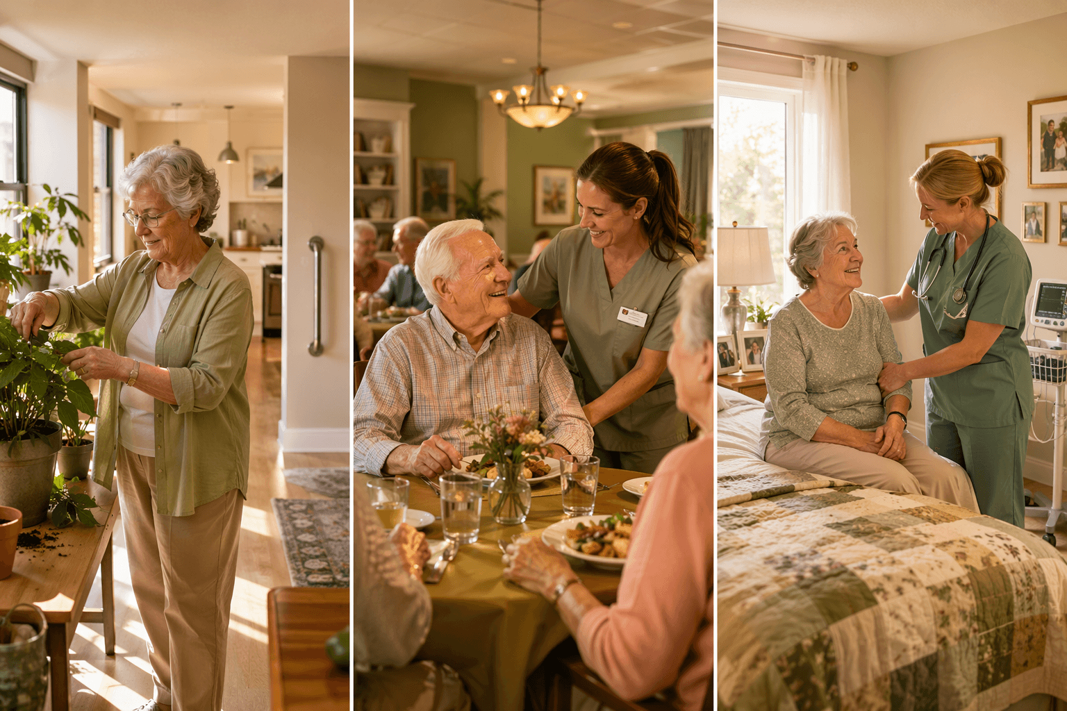 A warm triptych illustration showing three senior care scenarios: left panel an older adult gardening in a sunlit apartment with a grab bar, center panel an older adult dining with a caregiver in an assisted living community with other residents visible, right panel an older adult assisted by a nurse in a bright room with medical equipment and home-like touches including family photos and a quilt.