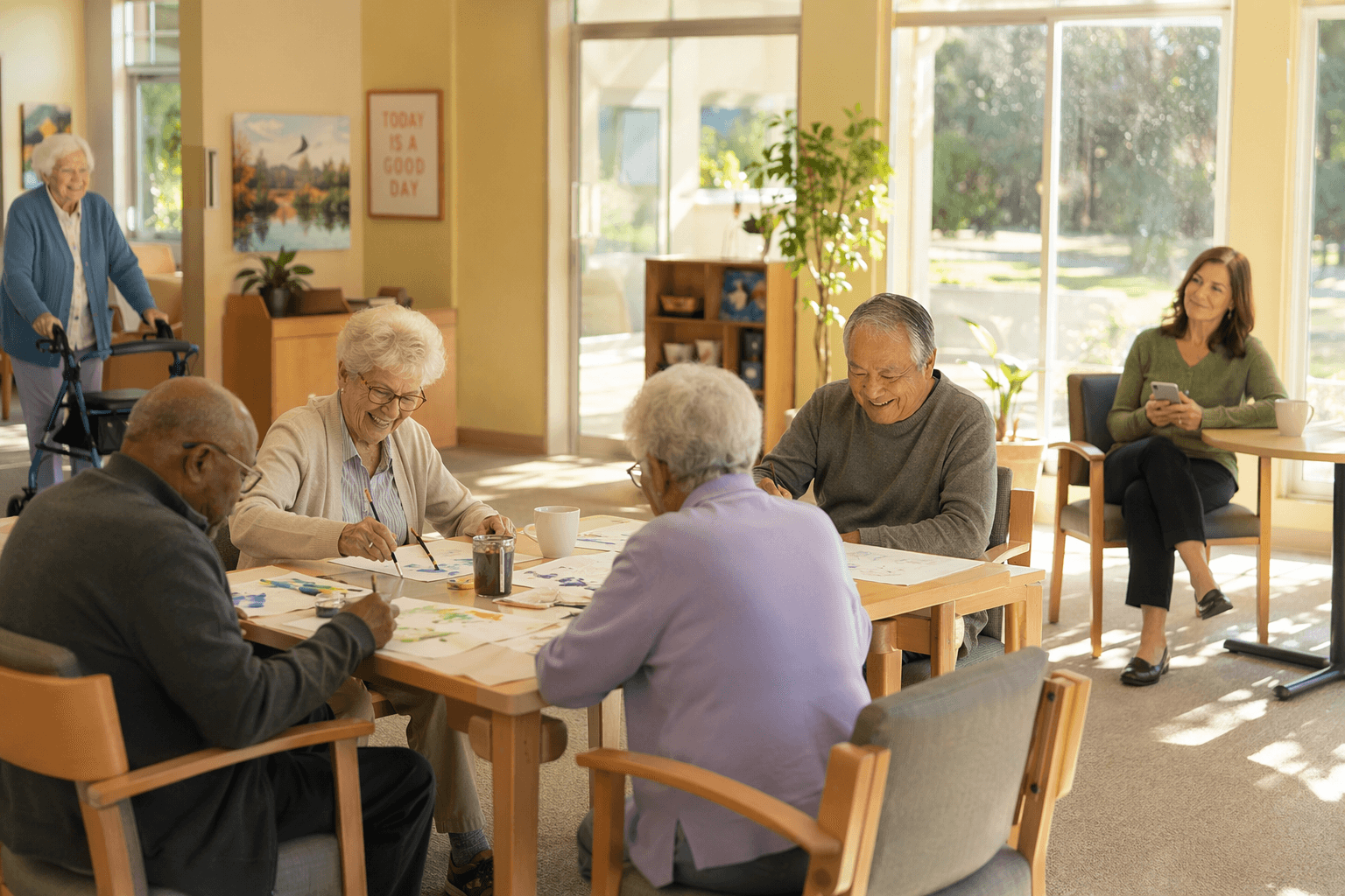 A bright, sunlit adult day center interior with a group of older adults seated at a table doing arts and crafts. One senior stands near the table using a walker. In the background, a middle-aged woman sits at a smaller table with a coffee cup and smartphone, looking relaxed.