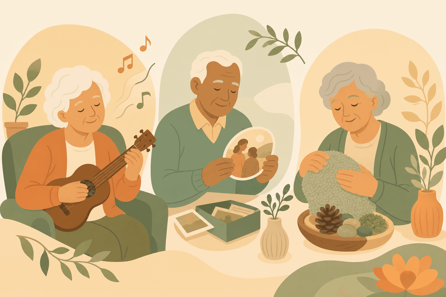 A warm vector illustration depicting memory care therapeutic activities with a soft music instrument shape, a circular reminiscence or photo shape, and organic sensory texture shapes in sage green and amber tones.