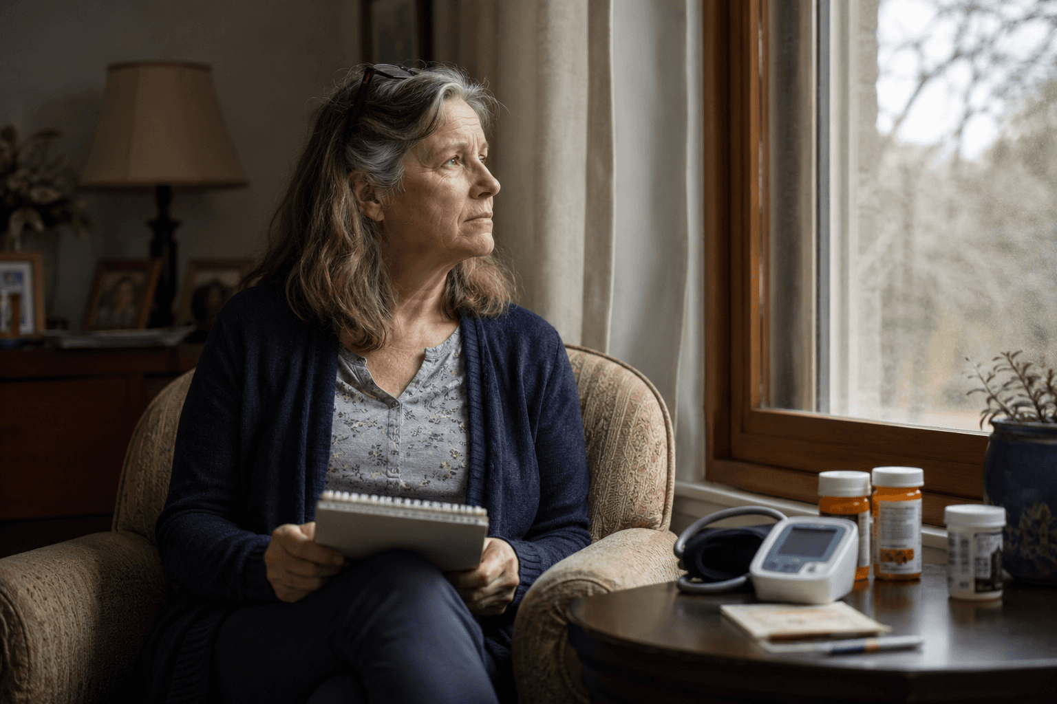 Middle-aged caregiver sitting in a dim living room with a caregiving notebook, blood pressure monitor, pill bottles, and appointment card nearby