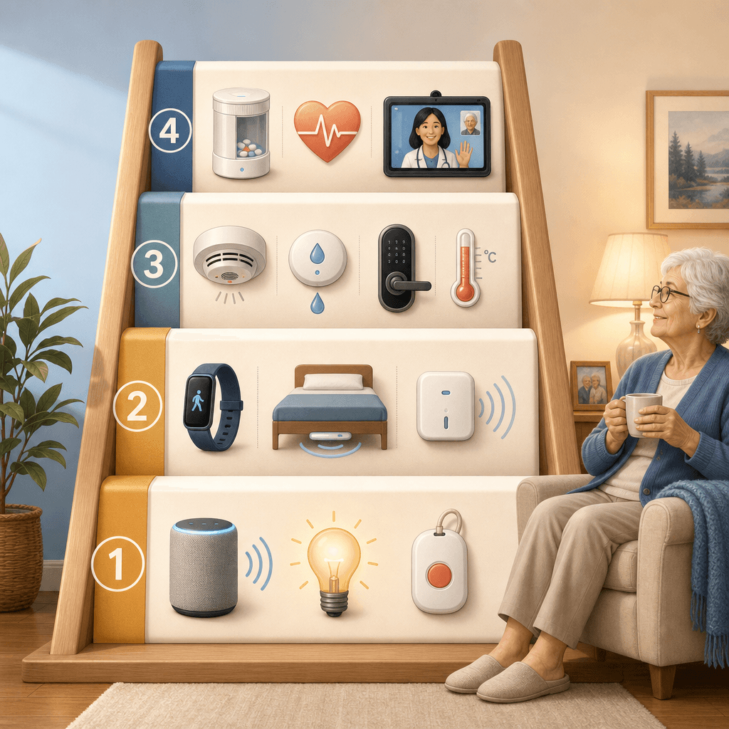 A four-stage ascending ladder illustration for smart home senior safety. Stage 1 shows voice-activated speaker, light bulb with motion lines, and PERS button icons. Stage 2 shows wristband, bed sensor, and wall-mounted radar sensor with wave lines. Stage 3 shows smoke detector, water leak sensor, smart lock, and temperature icons. Stage 4 at top shows pill dispenser, heart rate icon, and telehealth call icon. Soft blue and amber color palette with an editorial, reassuring style.