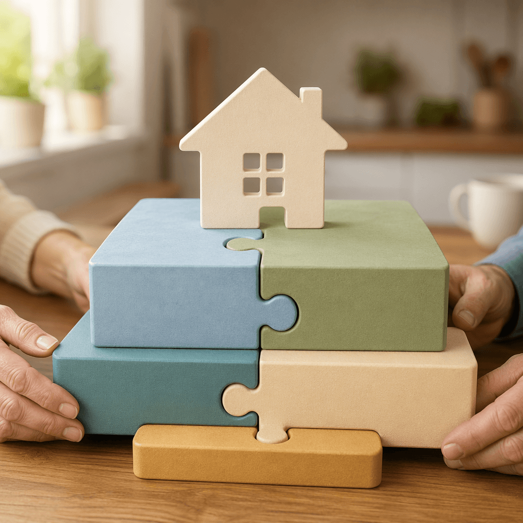 An editorial illustration of five layered colorful funding pieces arranged on a warm kitchen table surface, representing Medicare, Medicaid HCBS, Medicare Advantage, long-term care insurance, and private pay funding layers, with a subtle house icon above the arrangement.