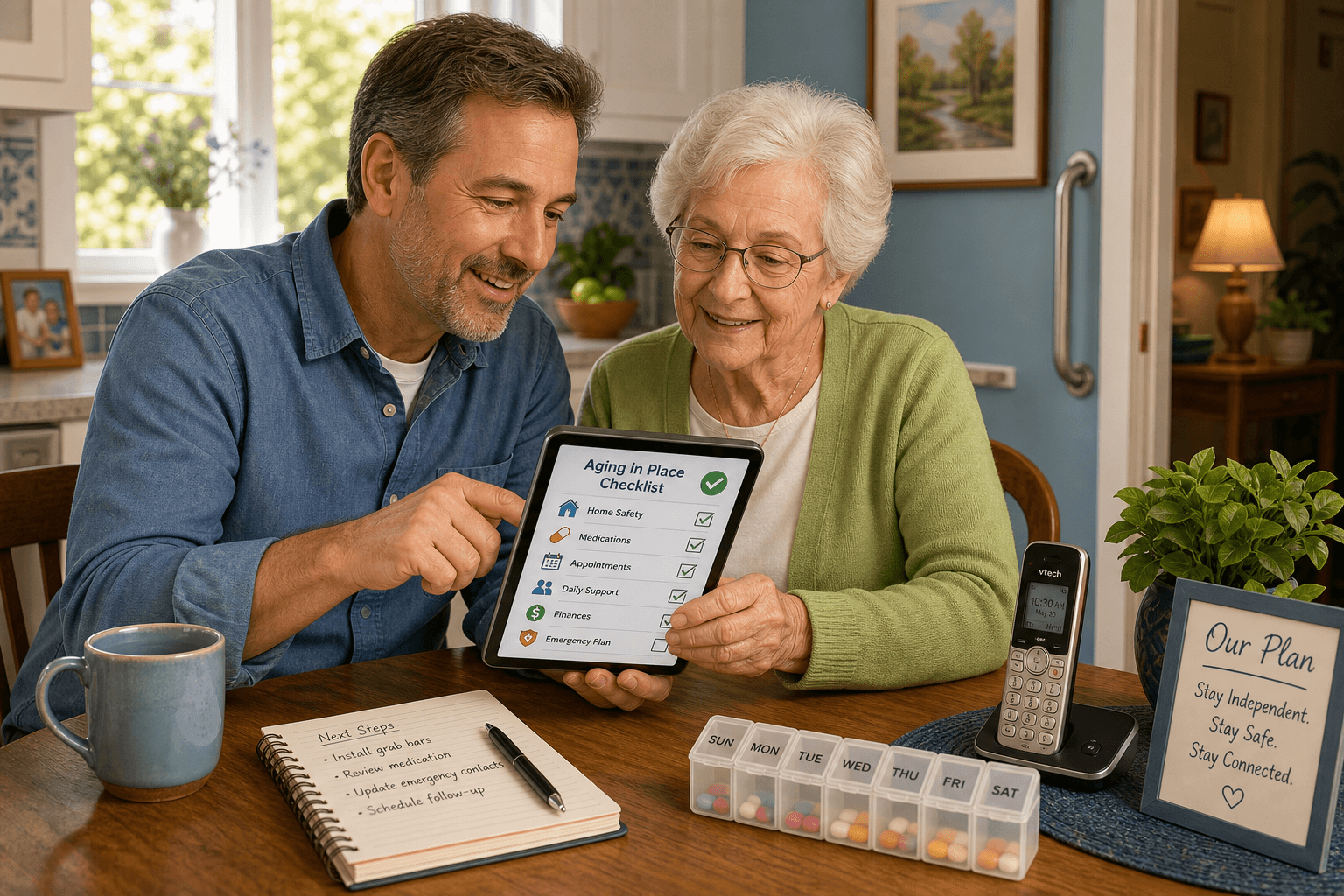 An adult daughter or son in their 40s-50s sitting at a sunlit kitchen table with an elderly parent, reviewing a tablet together. A pill organizer is on the table, a grab bar is visible in the background. Warm blues, soft greens, and amber tones. The atmosphere is collaborative and reassuring.