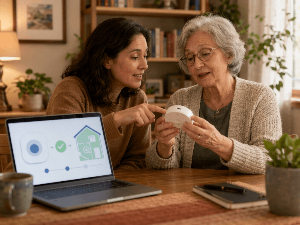 An adult child and aging parent sitting together at a table examining a small white passive motion sensor device. The parent holds the device in both hands, looking at it curiously.