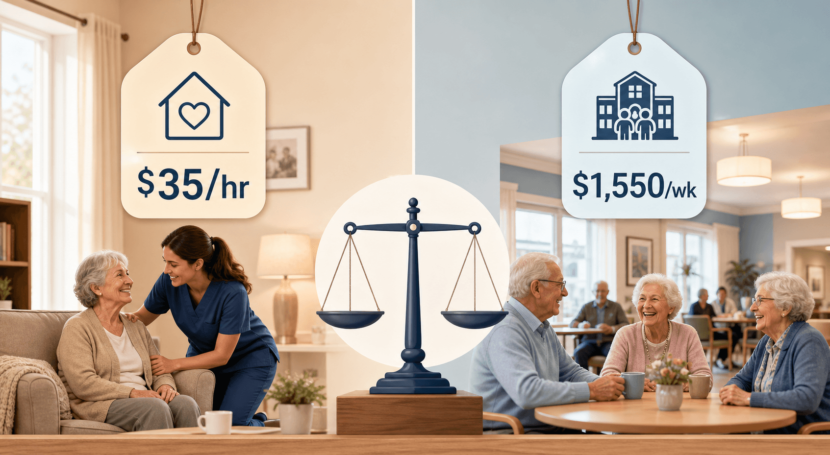 Editorial comparison image showing a warm home scene with a '$35/hr' callout on the left, an assisted living common room with a '$1,550/wk' callout on the right, and a balance scale between them.