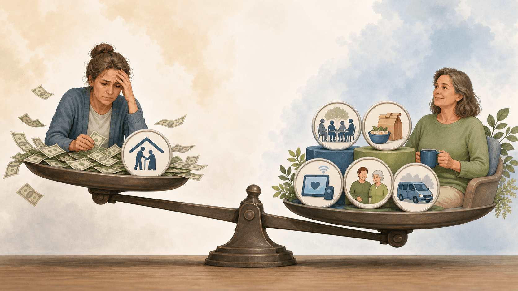 Balance scale illustration with a stressed family caregiver and scattered dollar bills on one side, contrasted with a calm family caregiver next to neatly arranged service icons on the other side, with the scale tipping favorably toward the organized service set.