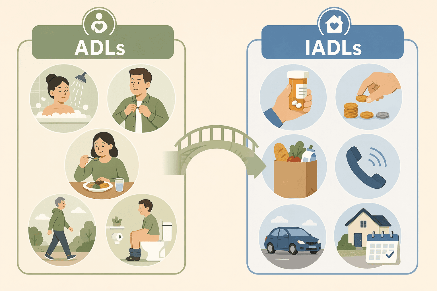 A flat vector illustration split into two columns: left labeled ADLs with icons for bathing, dressing, eating, walking, and toileting; right labeled IADLs with icons for medications, finances, grocery shopping, phone communication, transportation, and home management. A bridge connects both sides. Muted warm palette.