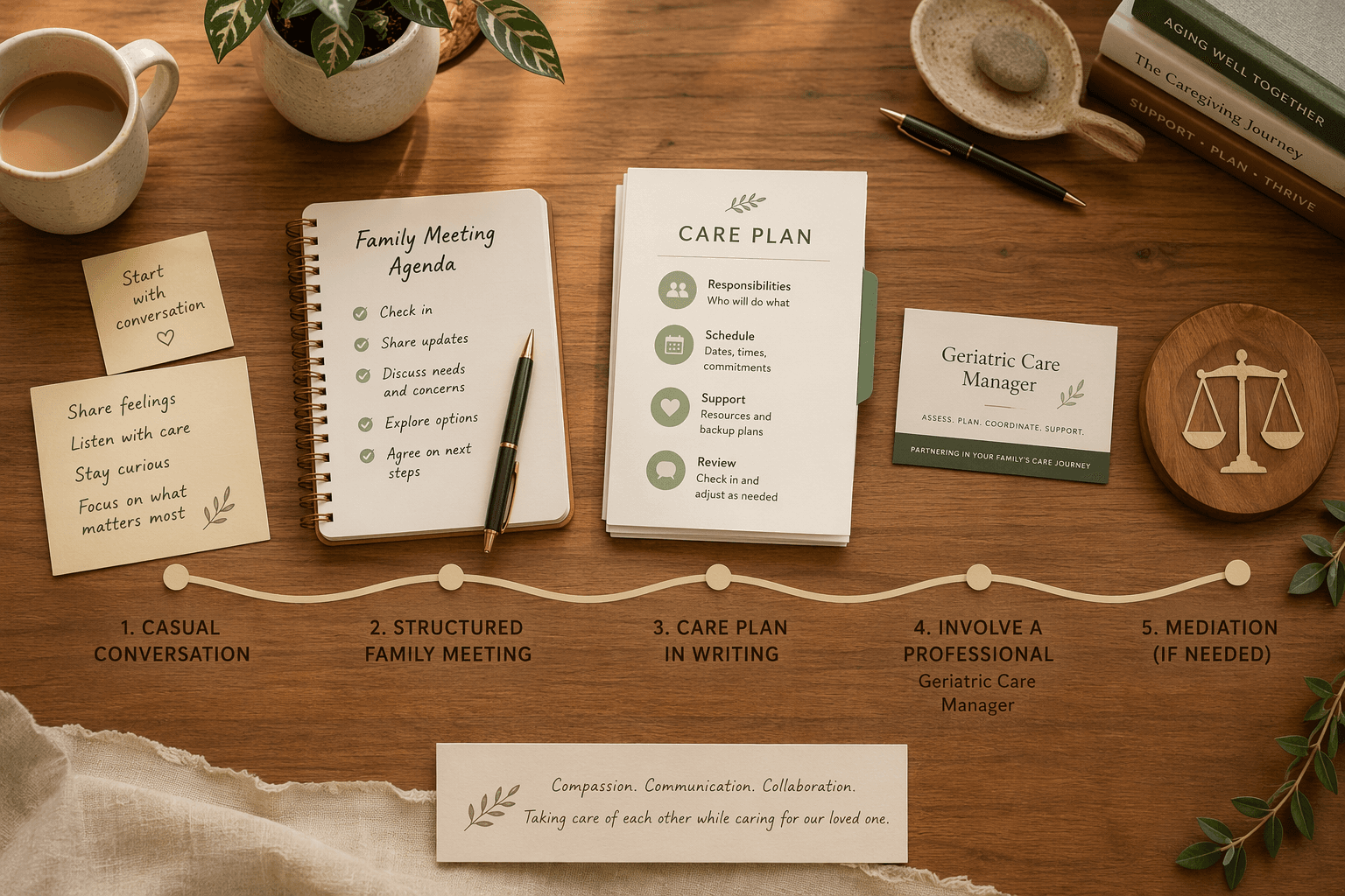 A flat-lay editorial illustration on a wooden table surface showing a progression from left to right: a notebook suggesting a family conversation, a structured agenda page, a care plan document, a geriatric care manager business card, and a mediation symbol, connected by a gently curving line, warm earth tones