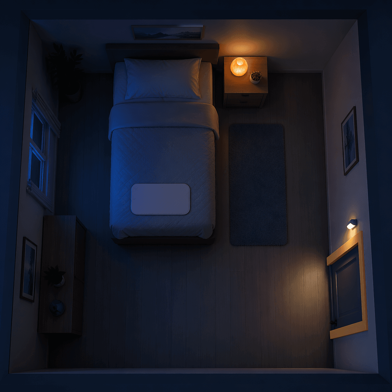 A top-down illustration of a dementia-safe bedroom layout at night showing the bed, nightlight, motion sensor, non-slip rug, and contrast-colored door frame.