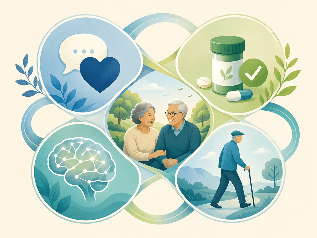 An editorial illustration showing four interconnected rounded panels in a circular layout representing the 4Ms framework: What Matters, Medication, Mentation, and Mobility.