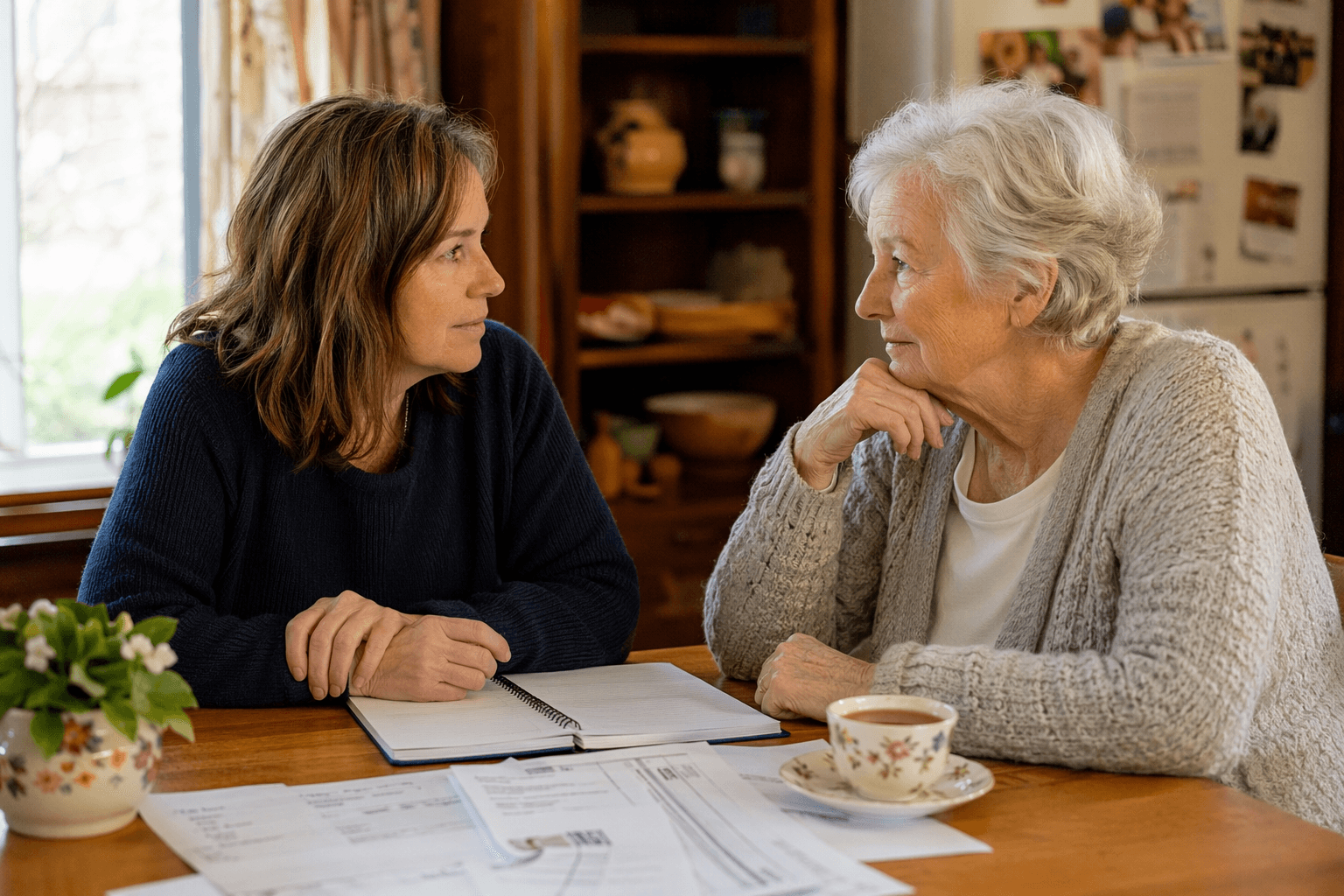 An adult daughter and her elderly mother sit facing each other at a sunlit kitchen table with a notebook and papers between them, conveying collaborative care planning.