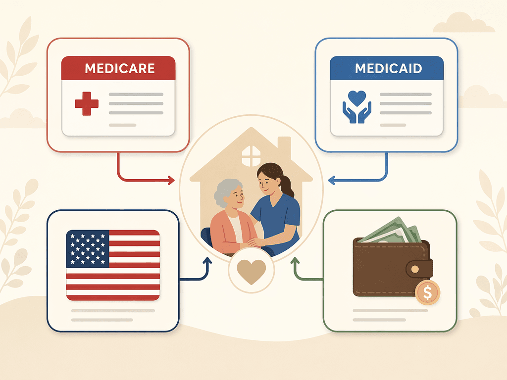 An editorial flat illustration showing four payment pathway icons arranged in a framework: a red Medicare card icon, a blue Medicaid card icon, an American flag and VA star icon, and a wallet icon representing out-of-pocket costs.