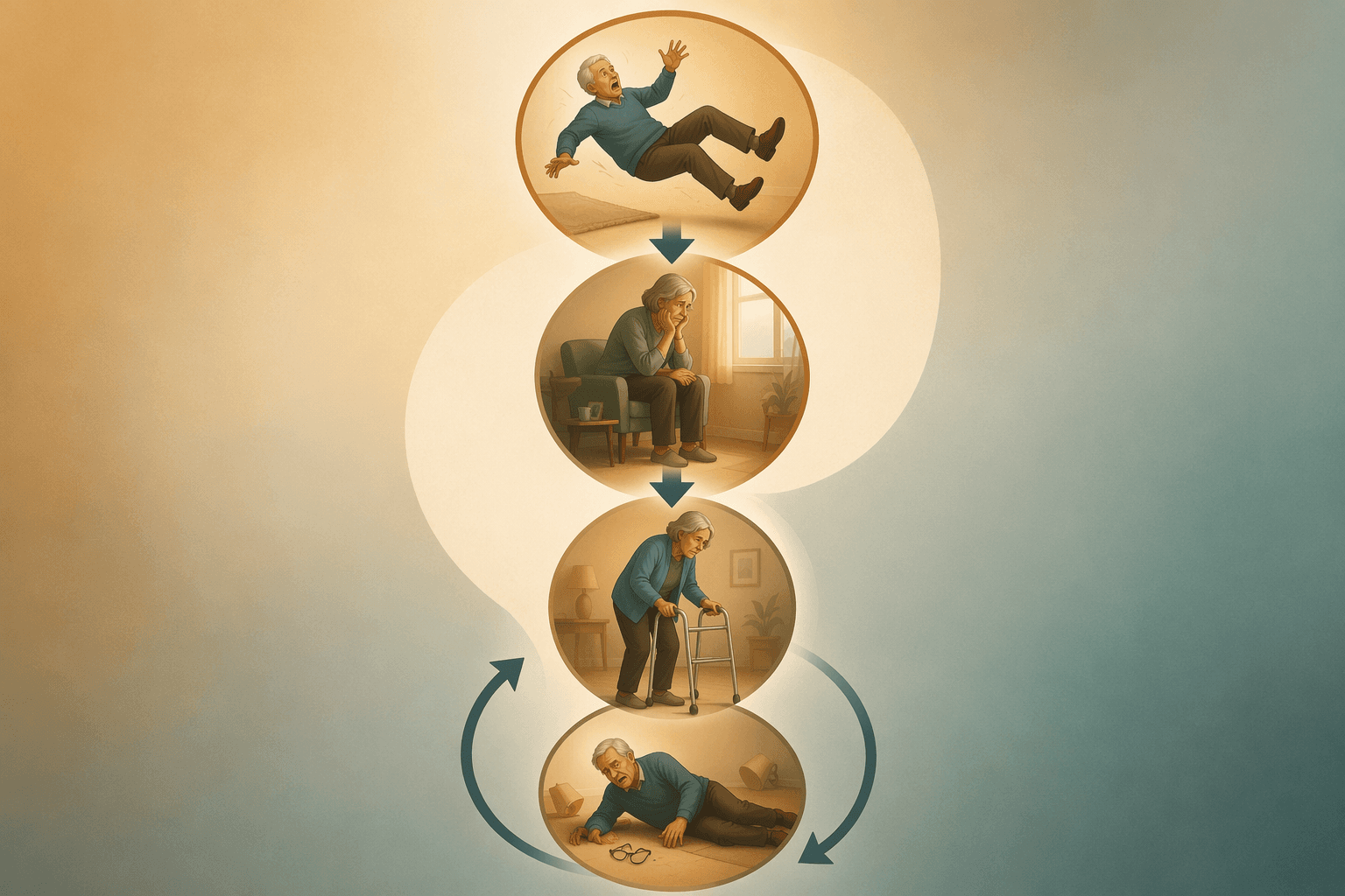 A conceptual downward cascade illustration showing a fall icon at the top, then a fearful seated figure, then a weakened figure using a walker, and a circular arrow leading back to another fall icon.
