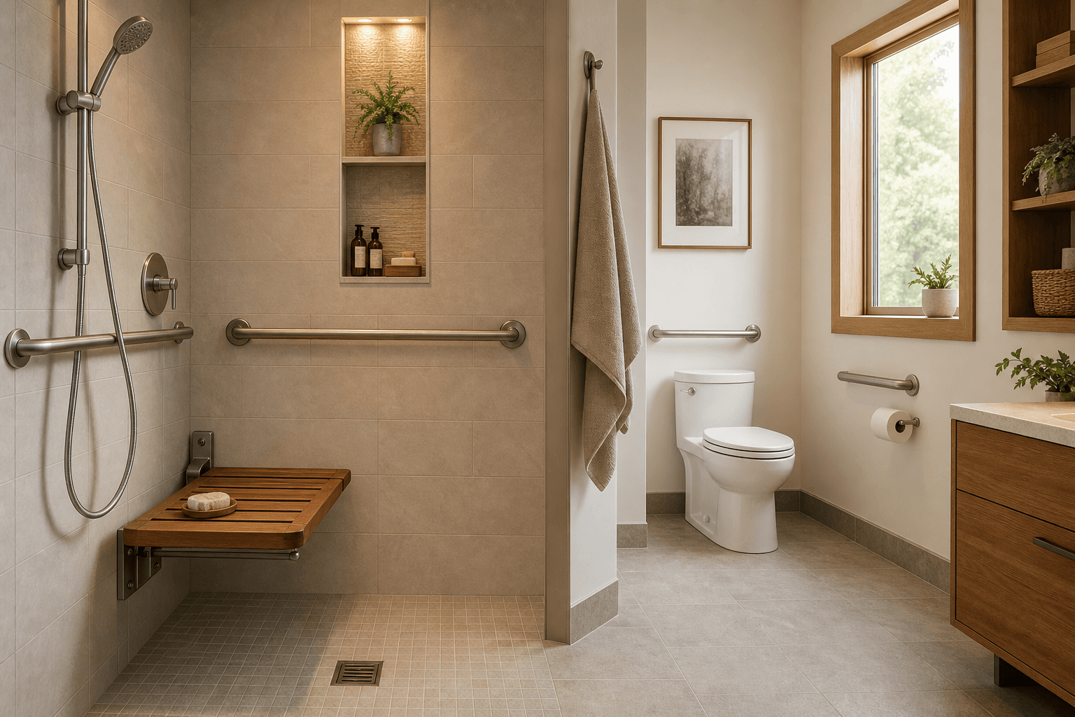 A bright curbless walk-in shower with a teak fold-down bench, brushed-nickel grab bars, a handheld showerhead on a sliding bar, and matte-textured tile flooring. A comfort-height toilet with a grab bar is visible in the background.