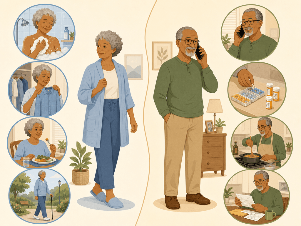 A split editorial illustration comparing two categories of daily activities: on the left, icons showing a person bathing, getting dressed, eating, and walking with a cane representing Daily Living activities; on the right, icons showing a person using a phone, sorting pills, cooking at a stove, and handling mail representing Household Management activities.