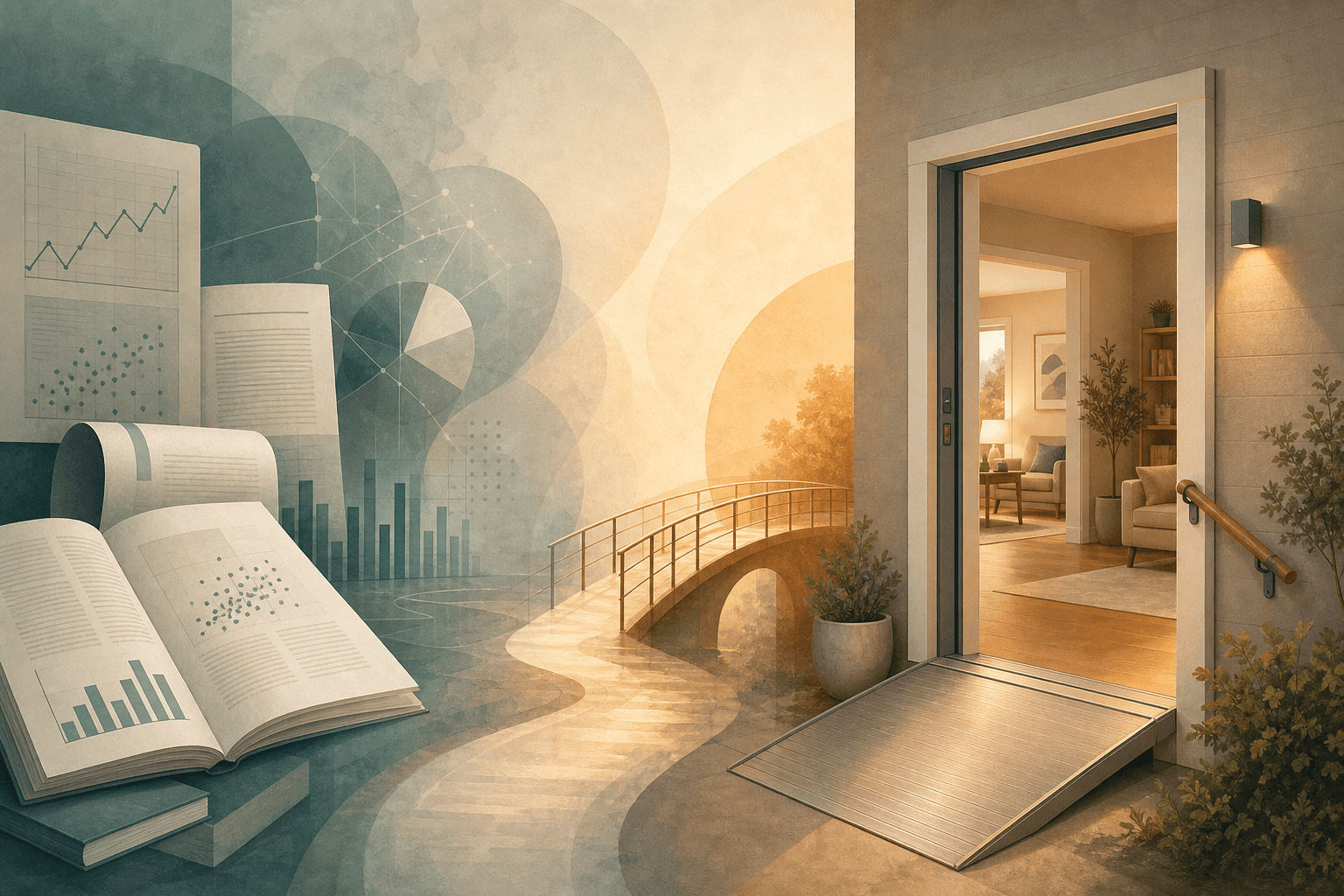 Editorial conceptual illustration showing a flowing composition from left to right: abstract research documents and data charts in muted teal and gray tones, a warm central transition zone with a subtle bridge-like pathway, and a serene modified home entryway with gentle ramp, wider door frame, and warm amber lighting visible through the doorway.