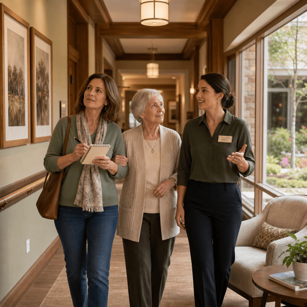 An adult child in their 40s-50s and their elderly parent walking through a bright senior living facility hallway with a staff member; the adult child holds a small checklist notebook while the hallway features warm wood railings, soft lighting, artwork, and a window overlooking garden views.