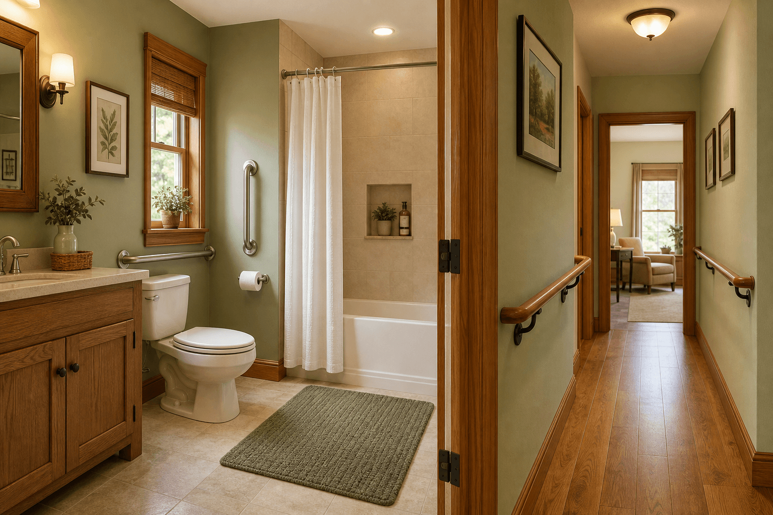 A warm-toned interior scene of a home bathroom and adjacent hallway showing elder fall-prevention features: a grab bar near the toilet, a non-slip bath mat, bright overhead lighting, a clear clutter-free walkway, and a hallway handrail.