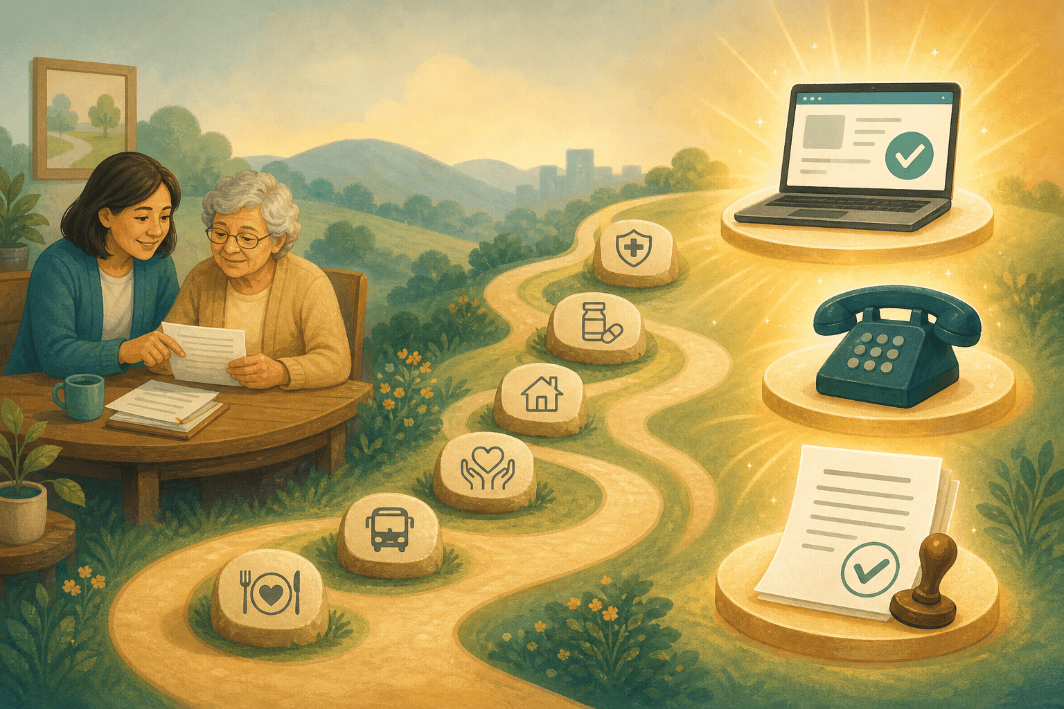 An editorial roadmap illustration with an adult child and elderly parent figure at a table on the left, a winding path with stepping stones featuring benefit program icons, and glowing resource icons on the right including a laptop, telephone, and document with a stamp.