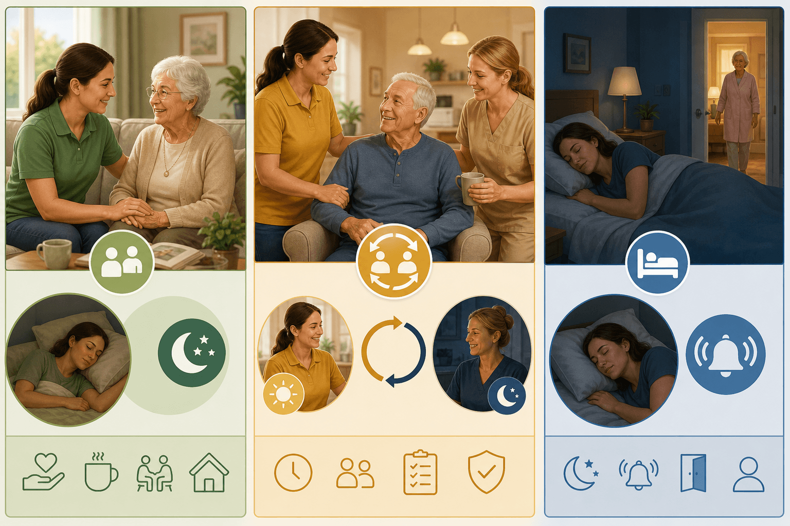 An editorial infographic with three horizontal scenes comparing the three live-in companion care models. The first shows a daytime caregiver scene with a sleep icon representing the live-in with sleep break model. The second shows two caregivers with a day-and-night cycle representing 24-hour shift care. The third shows a nighttime scene with a resting caregiver and alert icon representing overnight care.