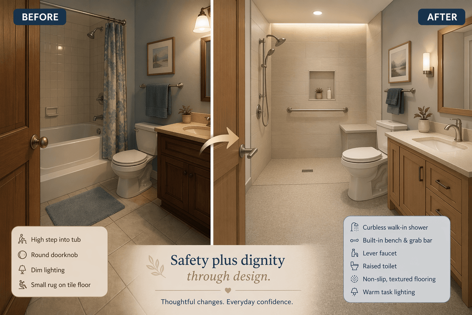 Split-composition illustration of a home bathroom divided into two zones — left side shows a standard bathroom with a high-step tub and dim lighting labeled 'Before,' right side shows a remodeled accessible bathroom with a curbless walk-in shower, grab bar, lever faucet, raised toilet, and non-slip flooring labeled 'After,' connected by a transition arrow, using warm residential tones with no people visible.
