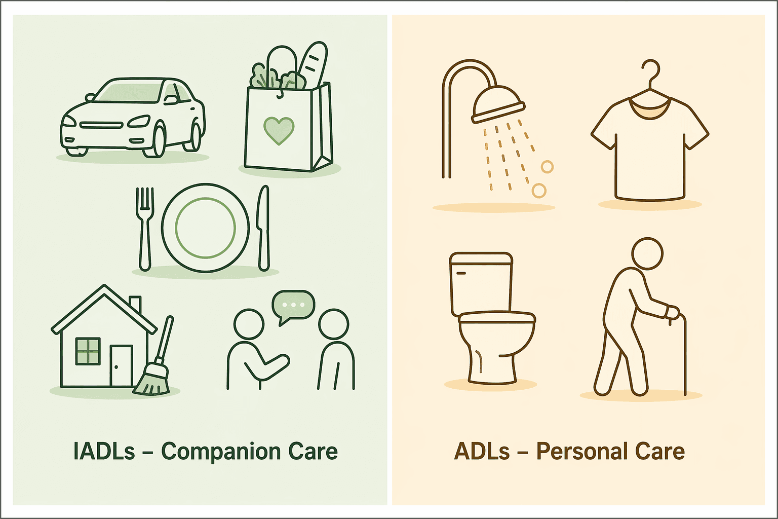 Infographic comparing IADLs for companion care with ADLs for personal care