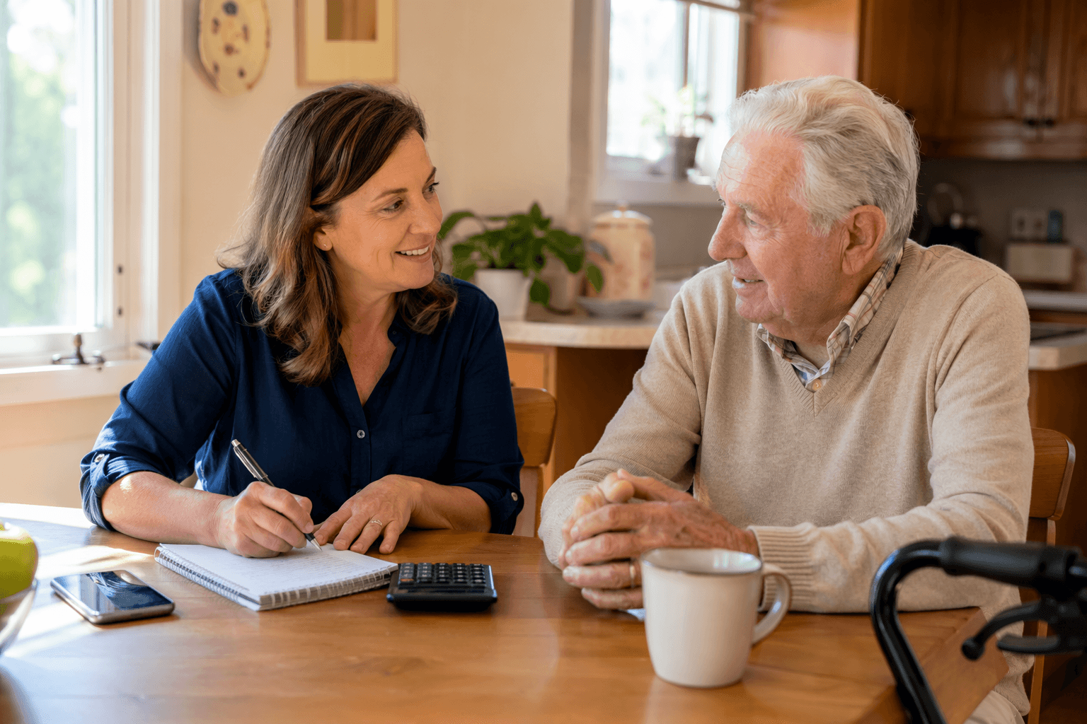Adult daughter in her 40s sitting at a sunlit kitchen table with an elderly parent who has a walker nearby, notebook and calculator open on the table with a smartphone, discussing home care planning in a warm, competent atmosphere