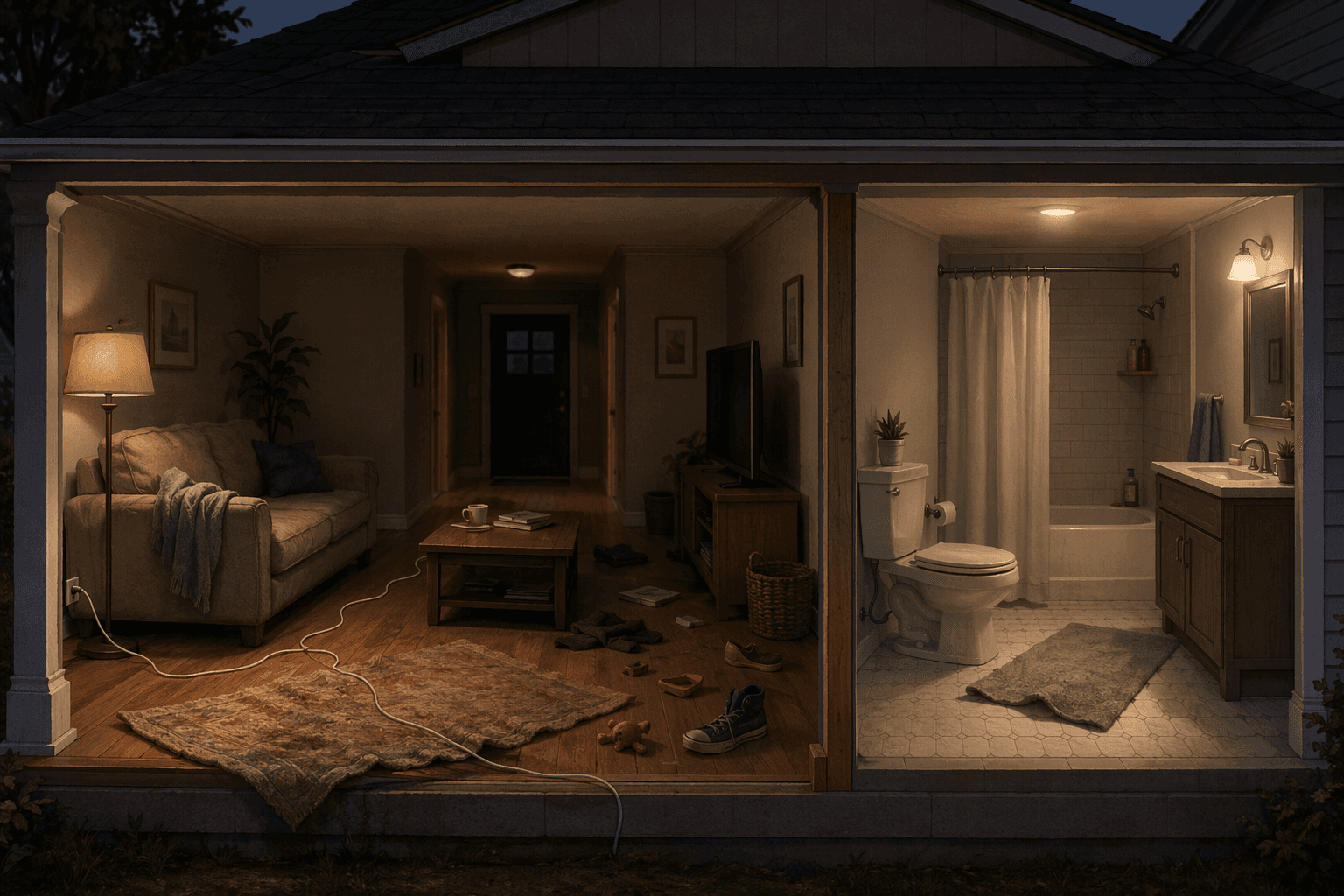 Illustration of fall hazards in a living room and bathroom including a loose rug, cord, clutter, poor lighting, and missing grab bars