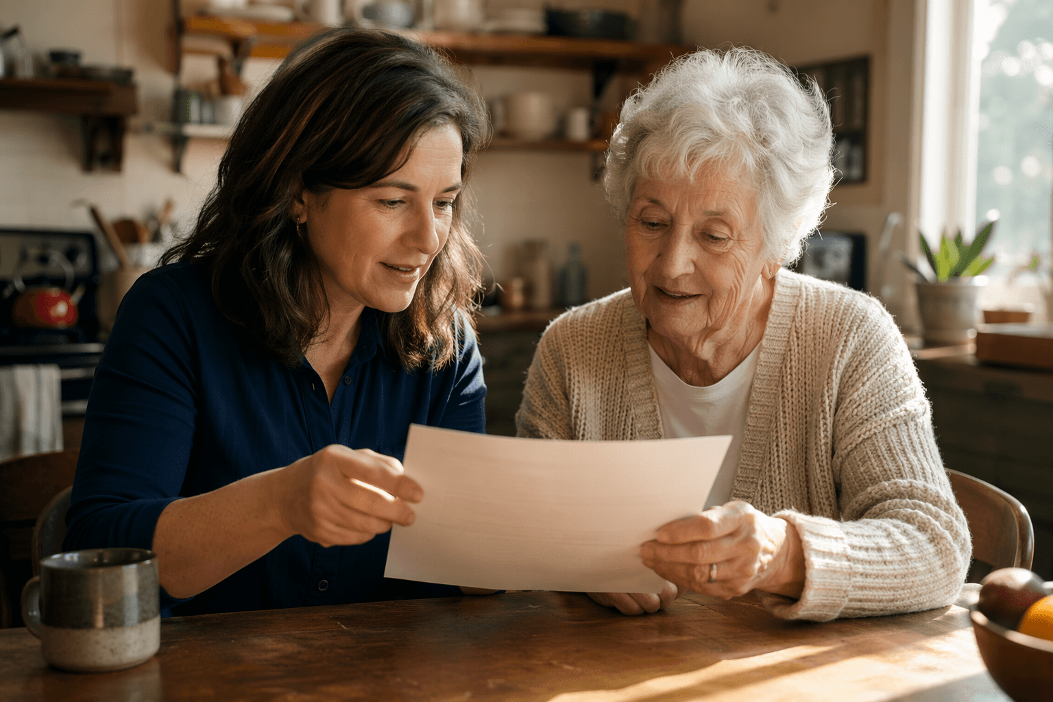 Adult child and older parent reviewing a printed fall prevention handout together at a kitchen table