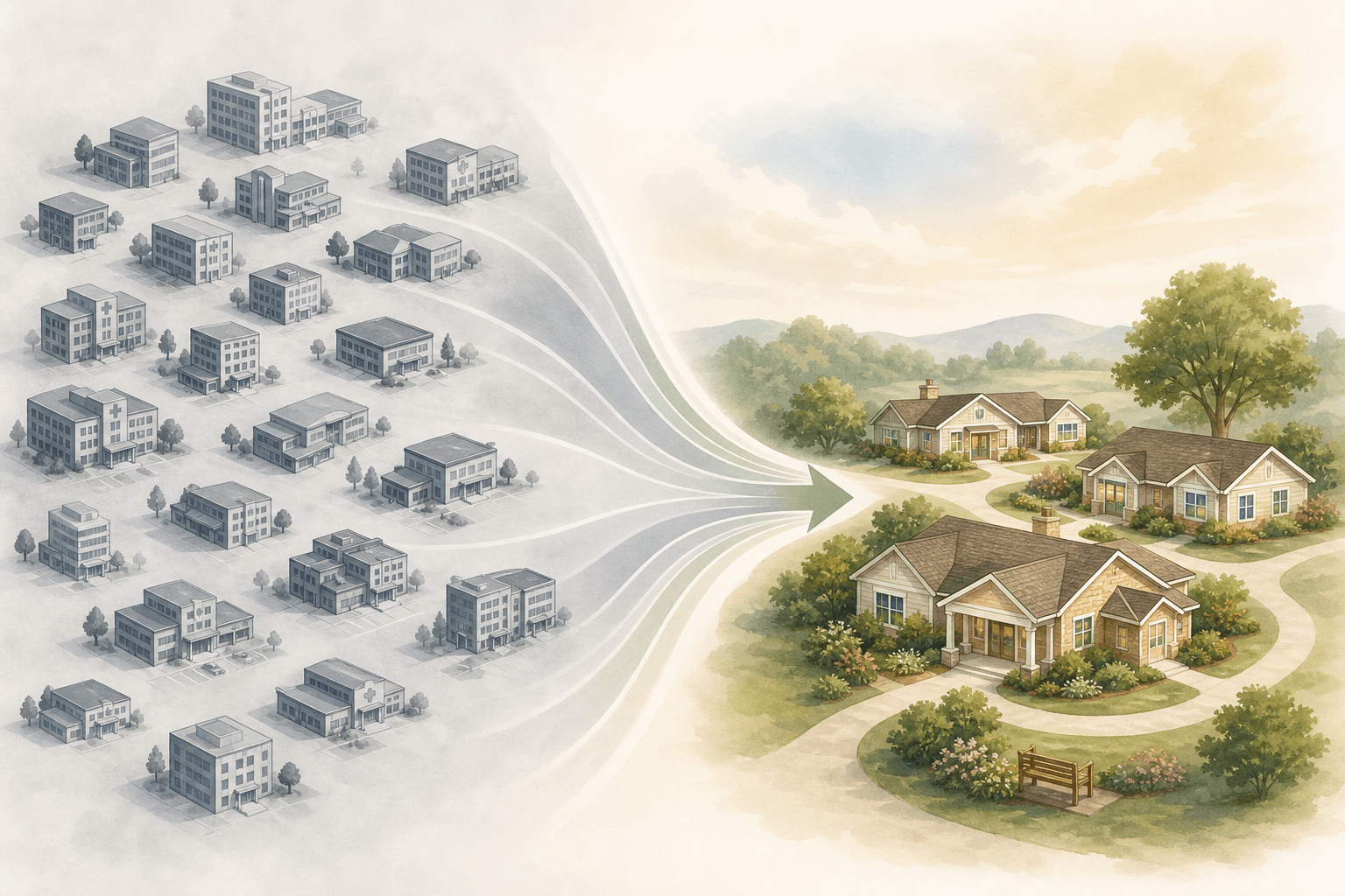 An editorial illustration showing scattered gray building icons on the left representing a large diversified network, connected by a streamlined pathway to a smaller, warmer cluster of house icons on the right representing a focused memory care organization.