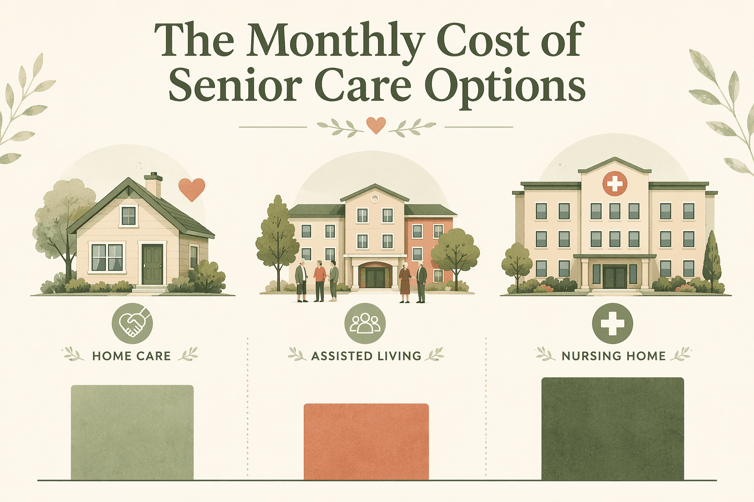 An editorial illustration comparing three senior care options using icons and subtle bar charts: a home icon with heart for home care, a community building icon with small figures for assisted living, and a building with a medical cross for nursing home. The bars below show ascending height from assisted living (shortest), home care (middle), to nursing home (tallest).