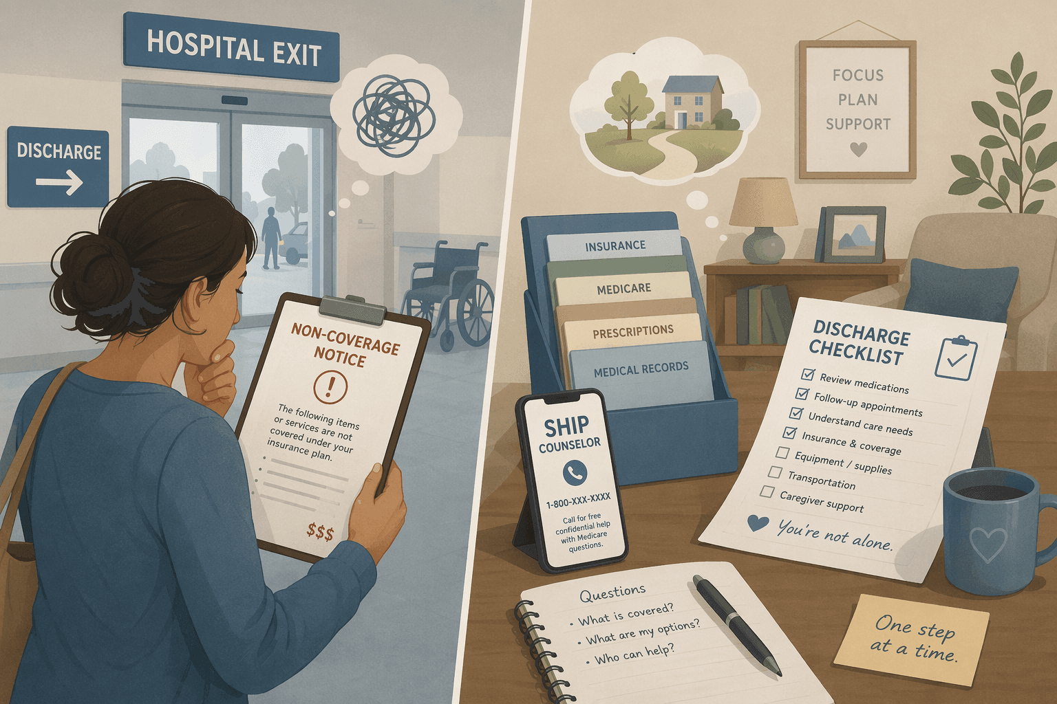 Hospital exit scene with a non-coverage notice beside an organized home table with insurance documents, counselor phone number, and discharge checklist