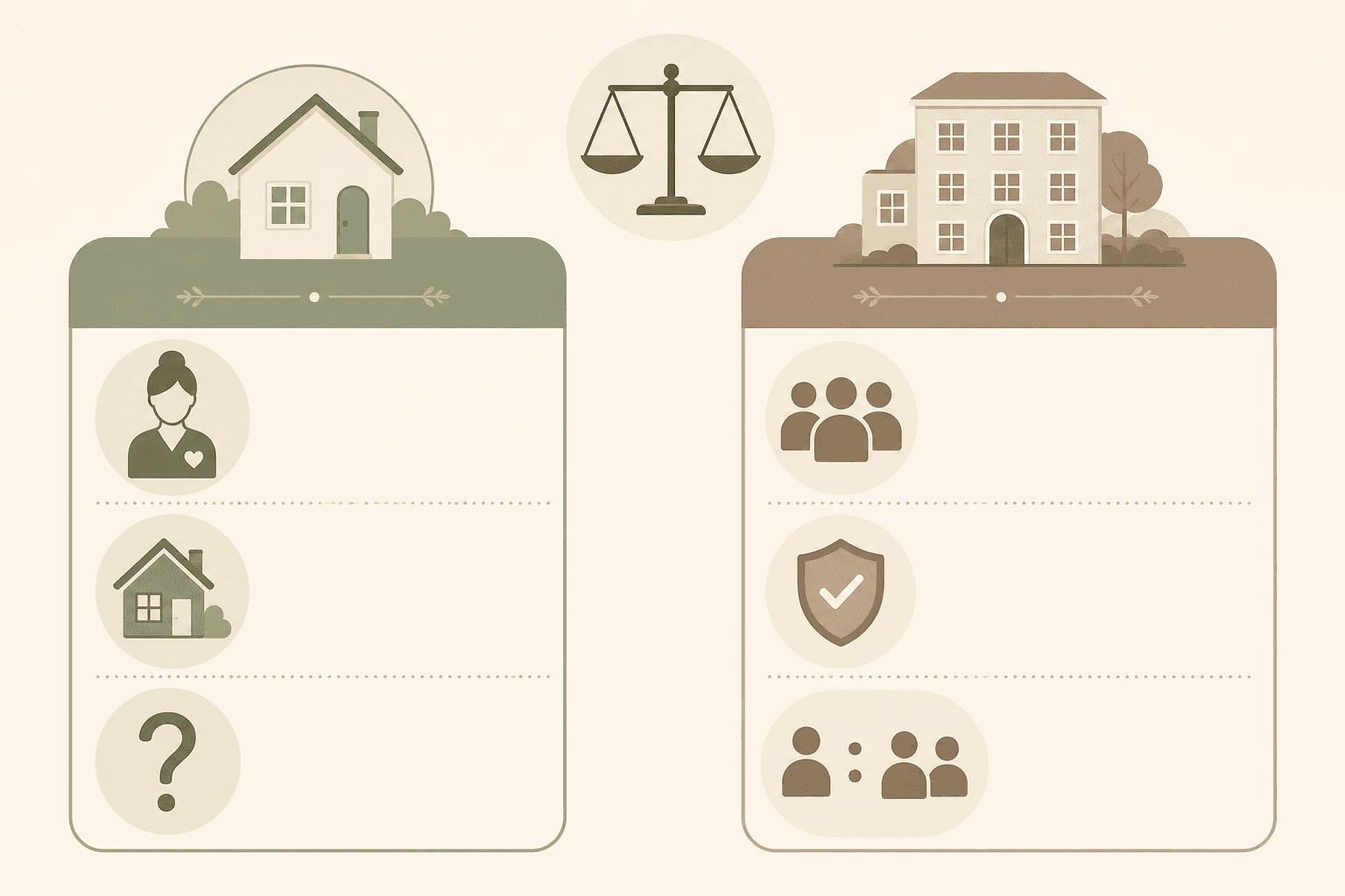 An editorial-style comparison matrix with two columns. A home icon and single caregiver figure on the left side represent one-on-one care at home. A building icon, multiple small figures, and a shield on the right represent assisted living's social engagement and safety infrastructure. A balanced scale sits centered above both columns.