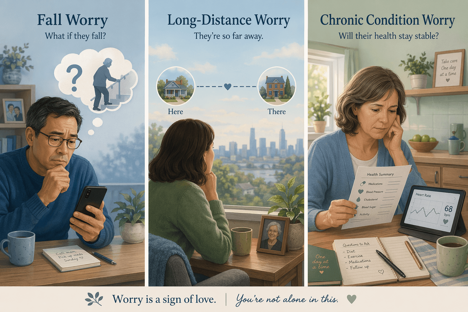 An editorial illustration split into three horizontal panels. The left panel shows a concerned adult with a thought bubble containing a question mark and a stair silhouette, representing fall-related worry. The center panel shows a person looking out a window at a distant city skyline with a dashed line between two homes, representing long-distance caregiving worry. The right panel shows a person at a kitchen table reviewing health papers and a tablet with a heart rate graph, representing chronic condition worry.