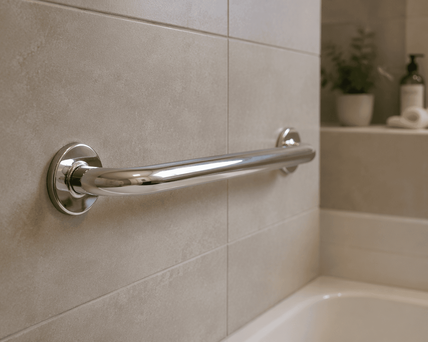 Close-up of a chrome grab bar mounted horizontally on a matte-tiled bathroom wall near a shower, with visible flange plates showing secure installation against warm neutral tile.