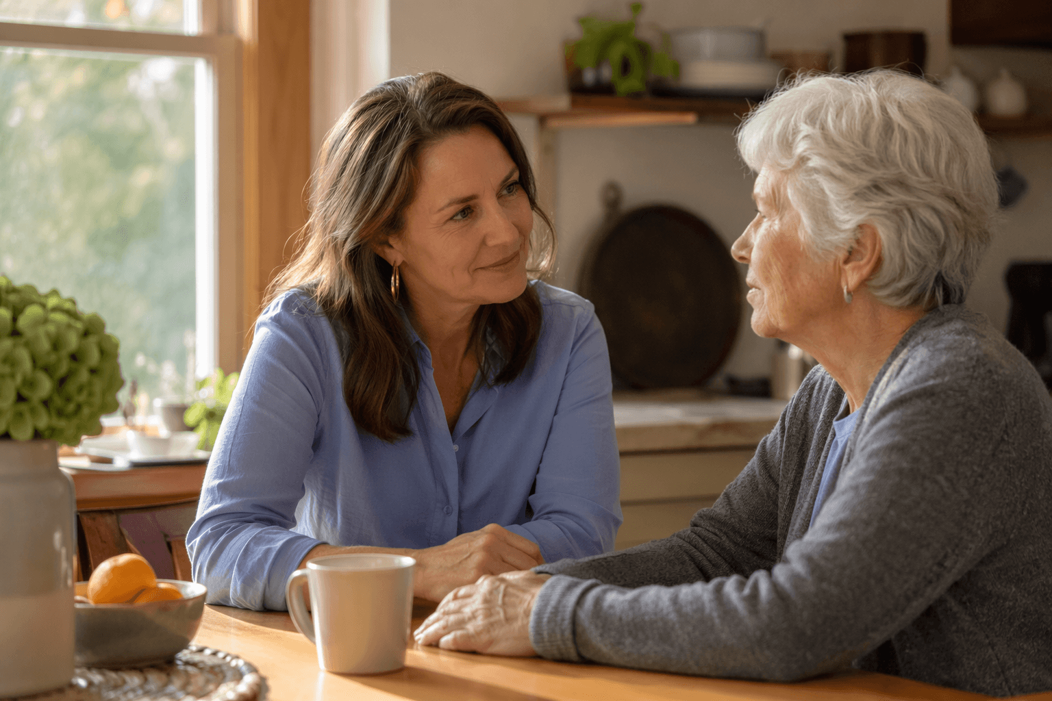 An adult daughter listening to her elderly mother at a sunlit kitchen table