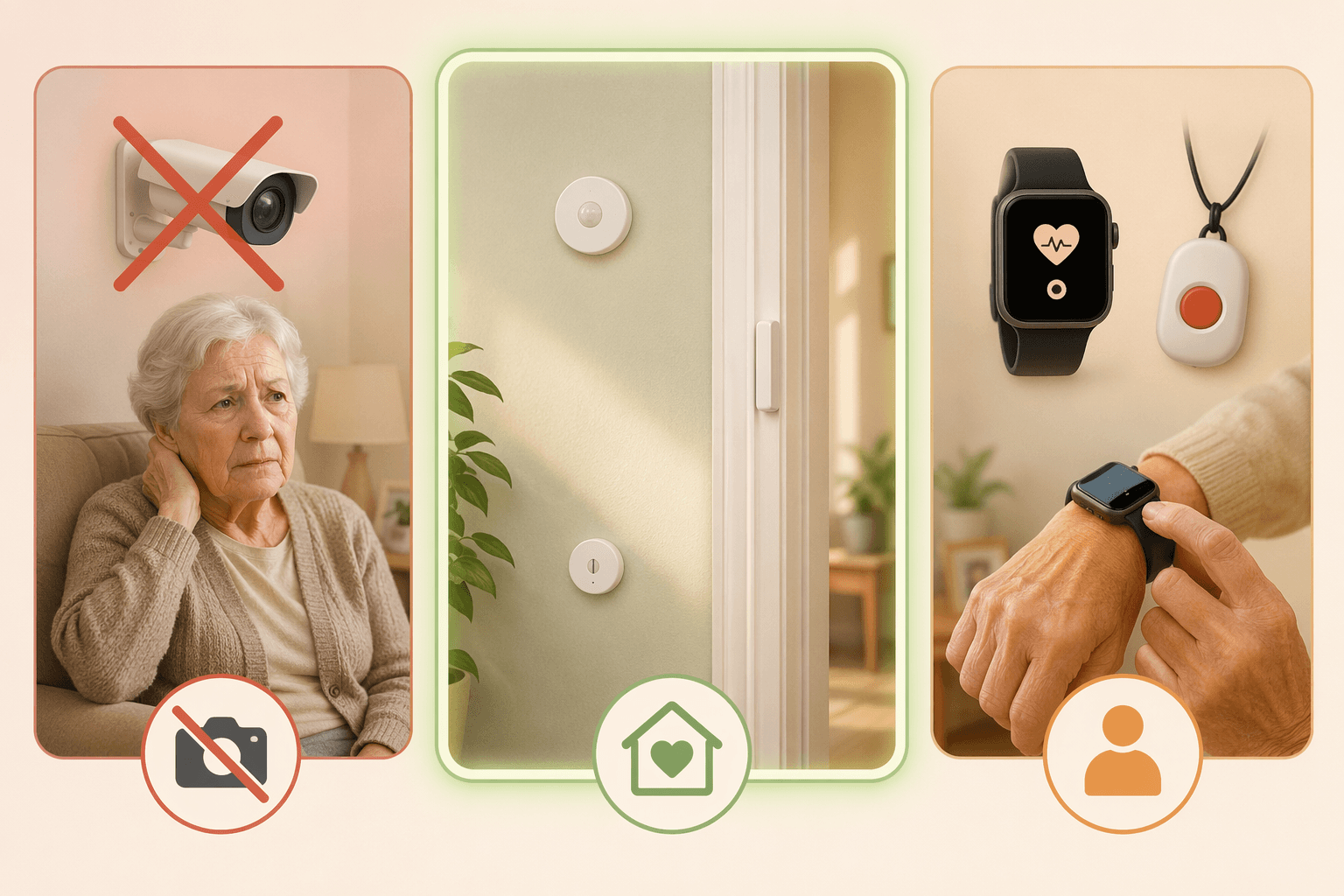 Three-panel comparison: left shows a crossed-out camera icon with an uncomfortable senior, center shows two discreet wall/door sensors with a soft green glow, right shows a wristwatch-style wearable and a pendant button.