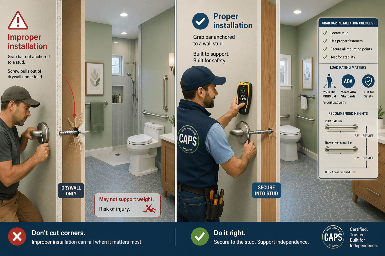 Split-view illustration comparing grab bar installation: left side shows a generic contractor installing a grab bar into drywall without stud anchoring, with the screw pulling out and a warning icon; right side shows a CAPS-badged professional using a stud finder to anchor a grab bar into a wall stud, with a checklist showing load rating and dimension markings.