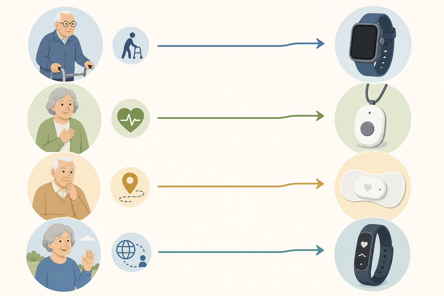 Diagram showing four senior profile icons connected by arrows to four abstract device category silhouettes representing consumer smartwatch, dedicated pendant, clinical cardiac patch, and continuous vital sign band.