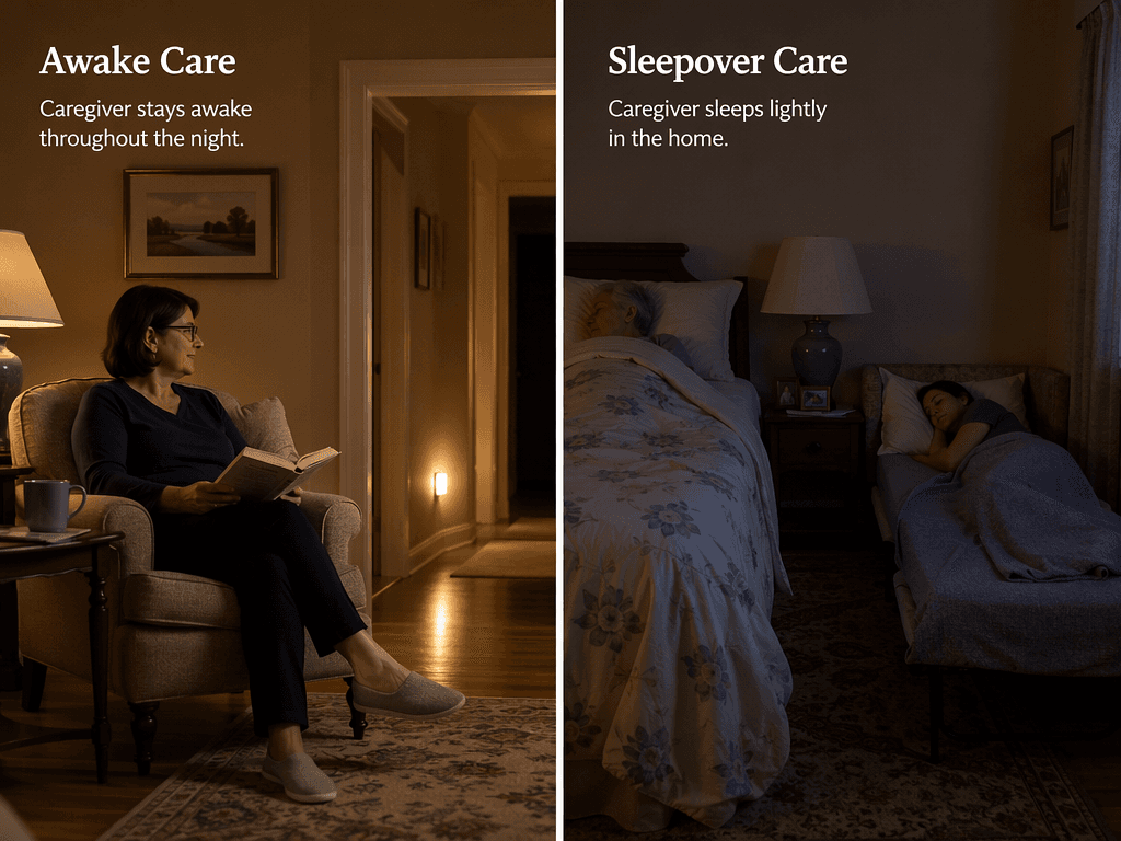 A split comparison scene showing two dementia overnight care models. On the left, 'Awake Care' depicts a softly lit living room with an alert caregiver reading in an armchair. On the right, 'Sleepover Care' shows a dim bedroom where a caregiver sleeps on a pull-out bed near a senior's bed.