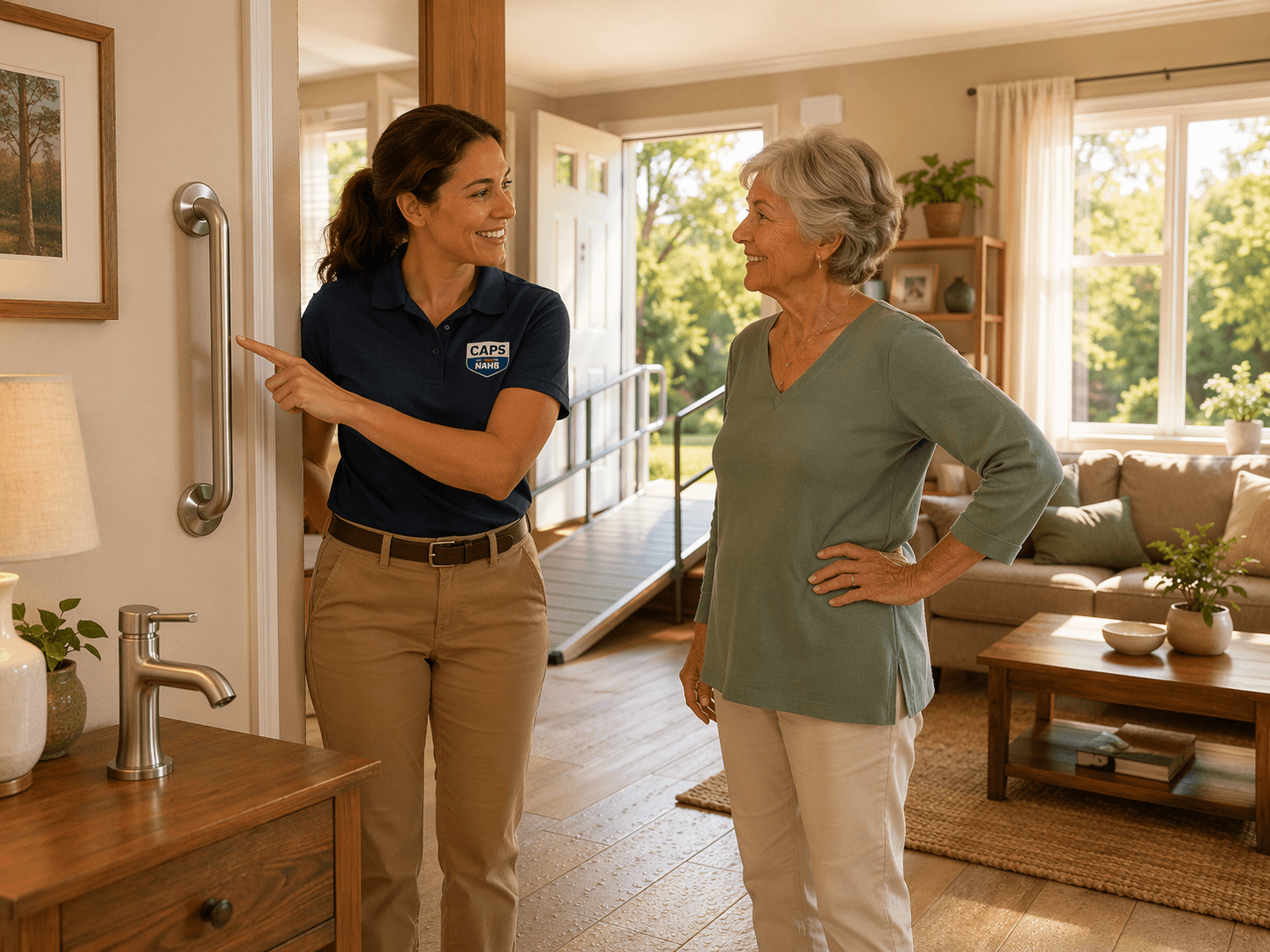 A CAPS-certified professional in a polo shirt with a small badge points to a grab bar being installed near a doorway while an older adult nods approvingly in a sunlit living room with visible home modifications including a ramp, lever-handle faucet, and non-slip flooring, rendered in warm earth-tone digital illustration style.