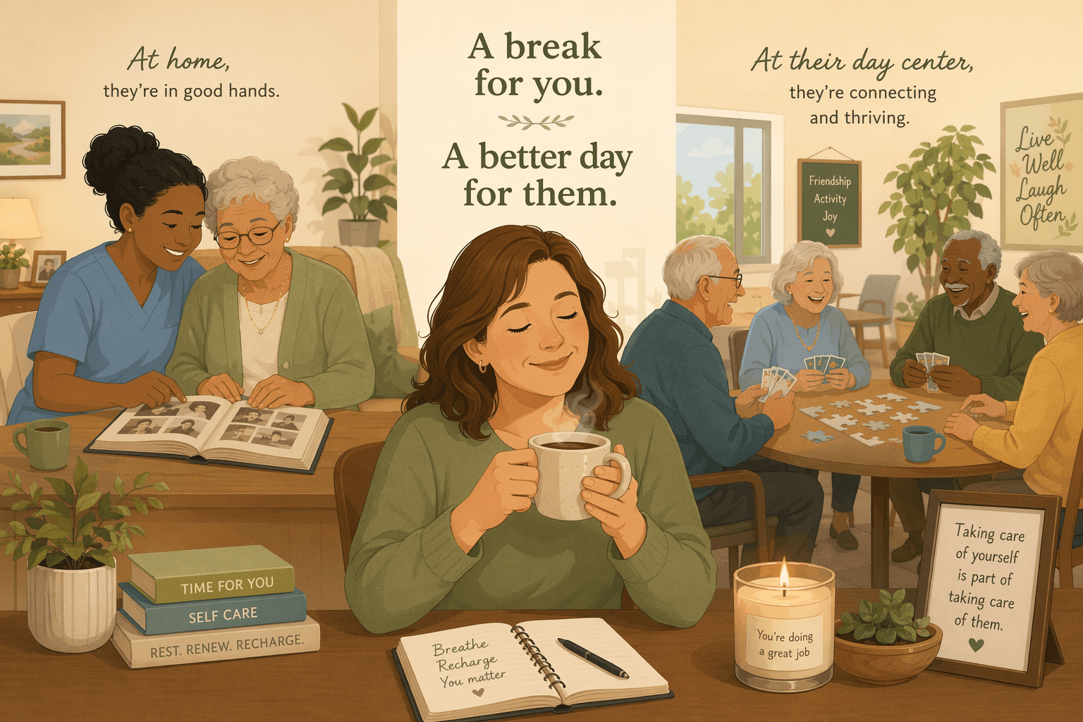 A middle-aged adult child caregiver sits at a kitchen table with a cup of tea, looking relaxed, while split scenes show a home health aide assisting an older adult with puzzles and seniors socializing at an adult day center.