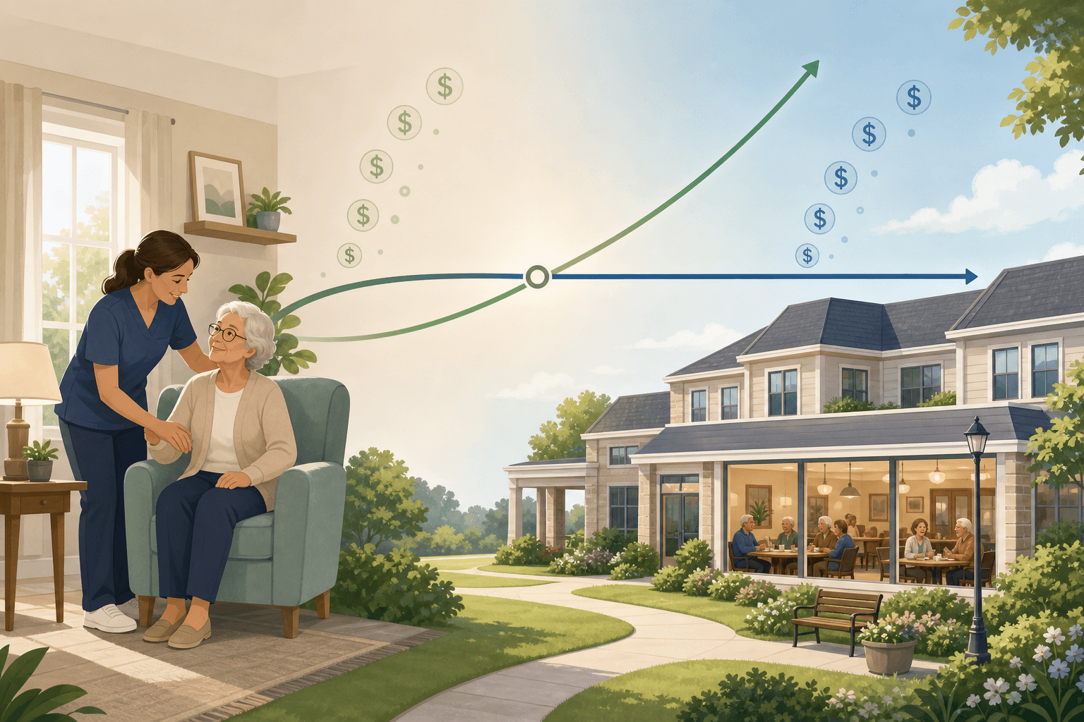 An editorial illustration comparing home care and assisted living costs with two curved lines crossing to represent the cost break-even comparison.