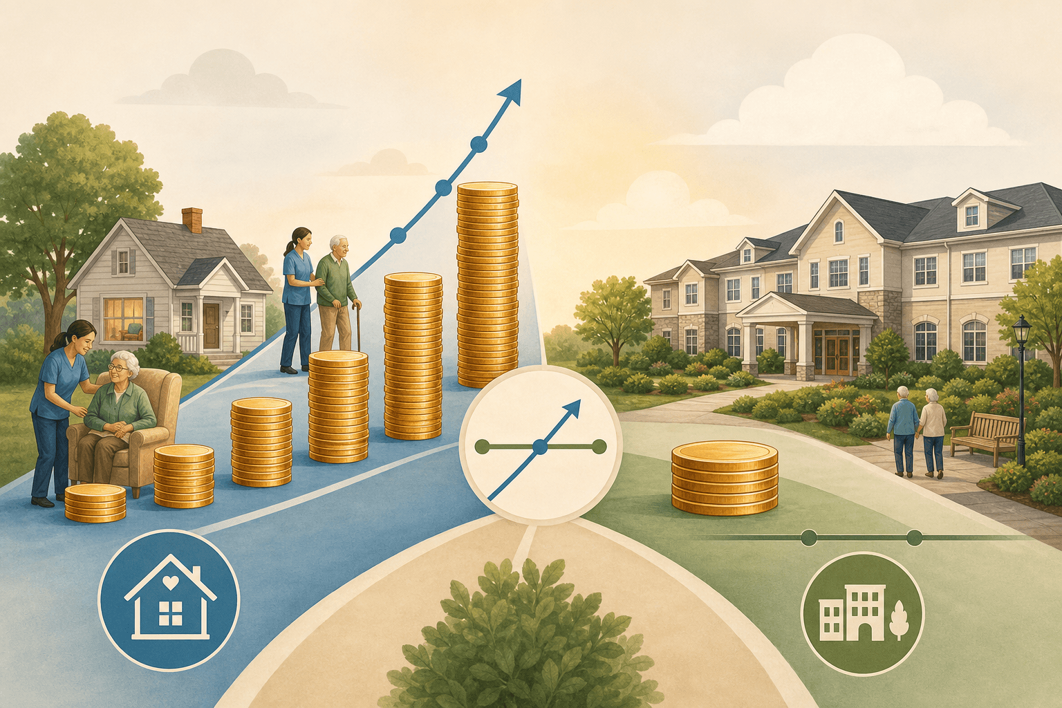 An editorial cost comparison illustration showing two pathways side by side: a home icon with coins rising higher as care hours increase on the left, and an assisted living building icon with a single flat stack of coins at a moderate height on the right, with a crossover point indicated between them, using warm editorial colors without specific dollar amounts.