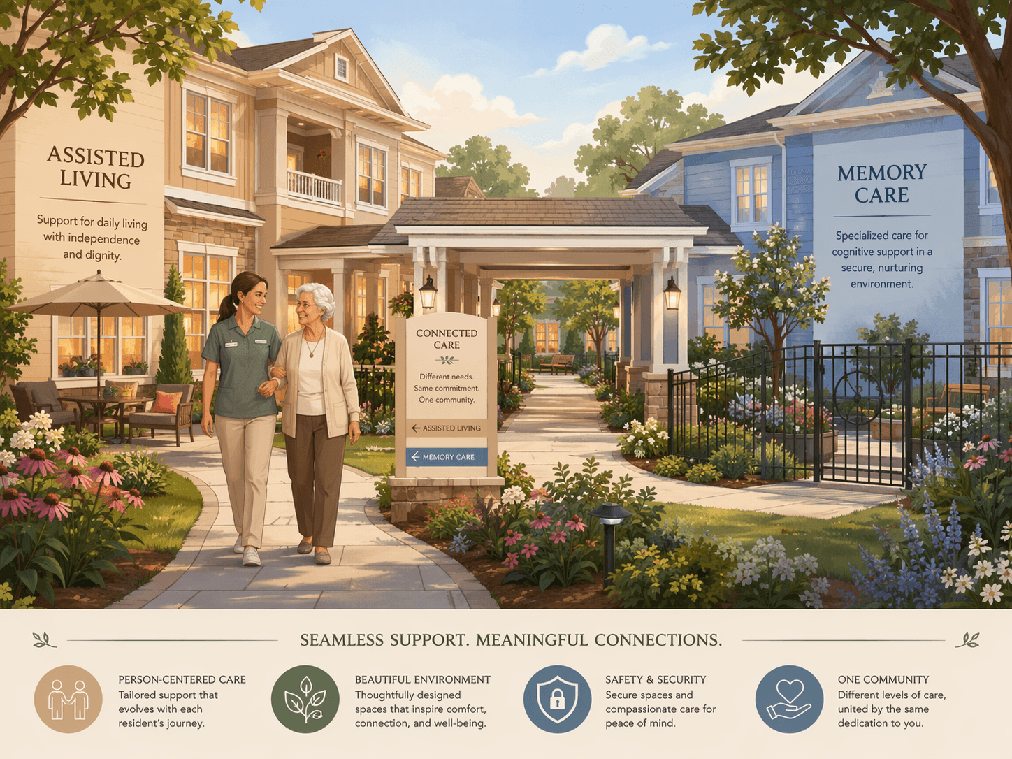 An infographic-style illustration of a senior living campus showing a beige-toned assisted living building connected via a covered walkway to a blue-toned memory care wing with a secure garden. Represents the concept of on-site AL-to-MC transition.