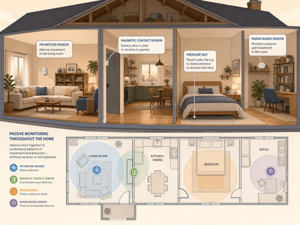 A cutaway editorial illustration of a home showing four types of passive monitoring sensors: a white PIR motion sensor on a living room wall, a magnetic contact sensor on a door frame, a thin pressure mat subtly outlined under a rug near a bed, and a small radar-based sensor on a shelf.
