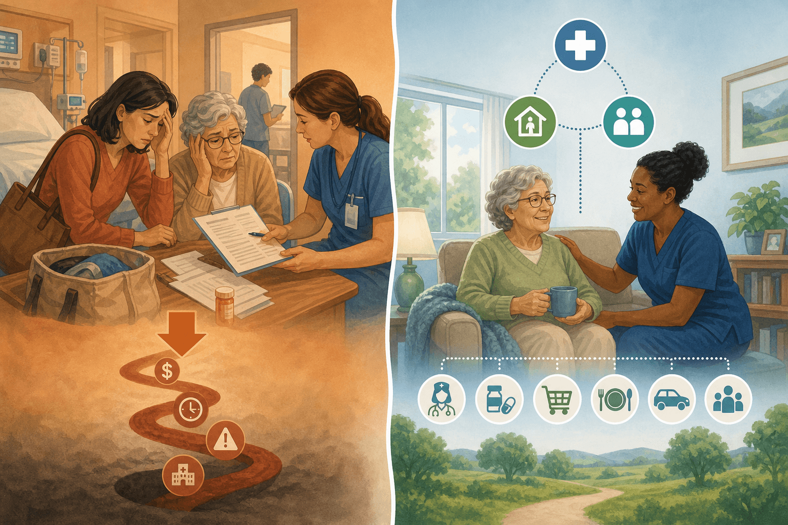 Split-screen illustration comparing a stressful hospital discharge scene on the left with a calm home care scene on the right.