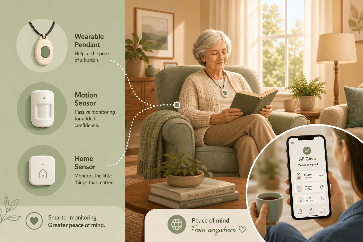Split-screen illustration showing three monitoring icons on the left (pendant, motion sensor, sensor icon) connected by dotted lines to a warm living room scene on the right with an older adult reading in an armchair by a sunlit window, and a smartphone vignette at bottom right showing a caregiver dashboard.